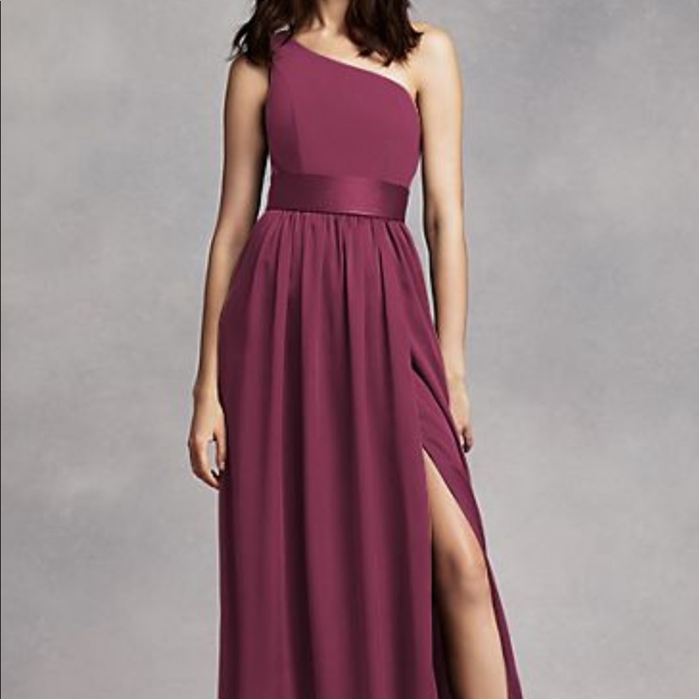 Vera wang one shoulder bridesmaid dress in color wine.
